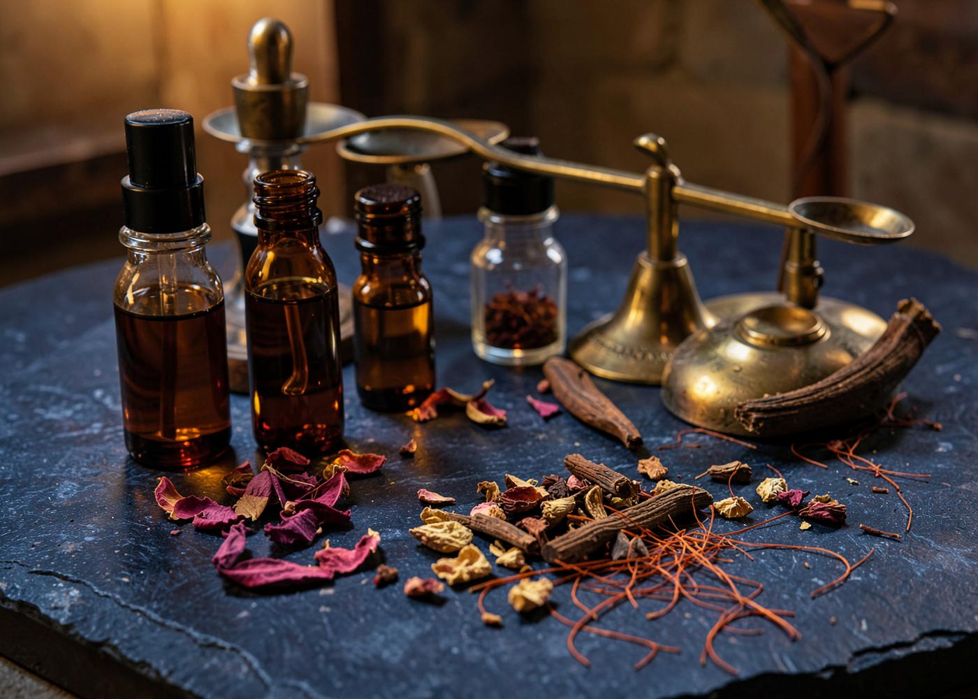 Perfume ingredients, brass scales and oud wood on a dark stone table