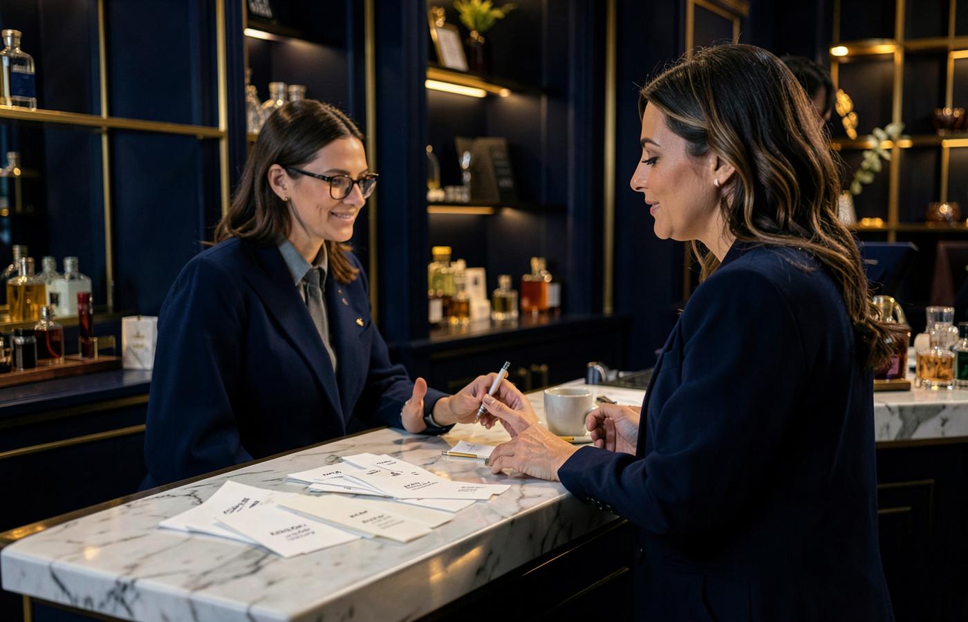 A KIKIZ consultant guiding a customer through blotter strips at a navy and gold counter
