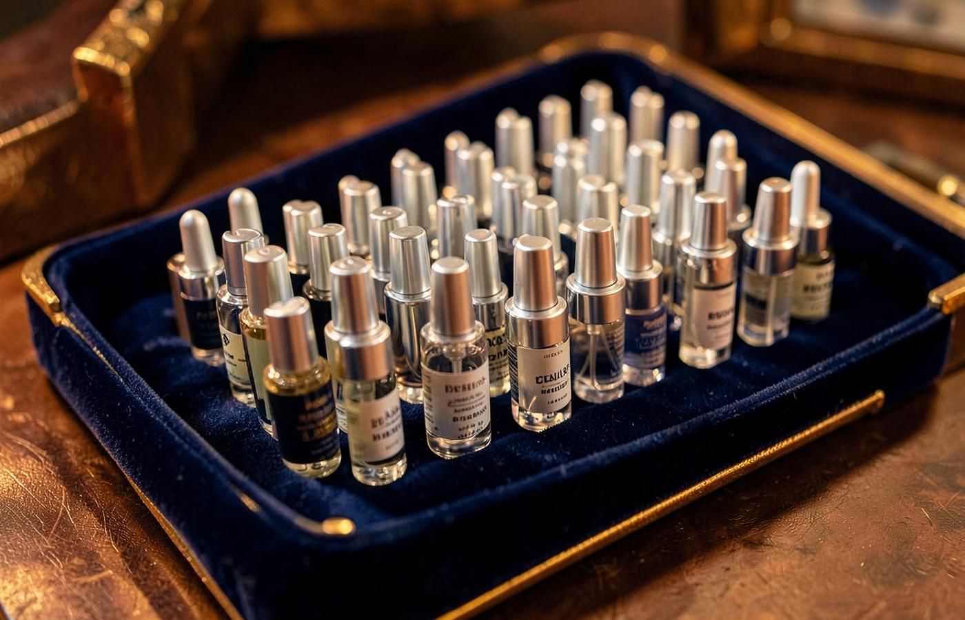 Ten millilitre KIKIZ travel atomisers arranged on a navy velvet tray